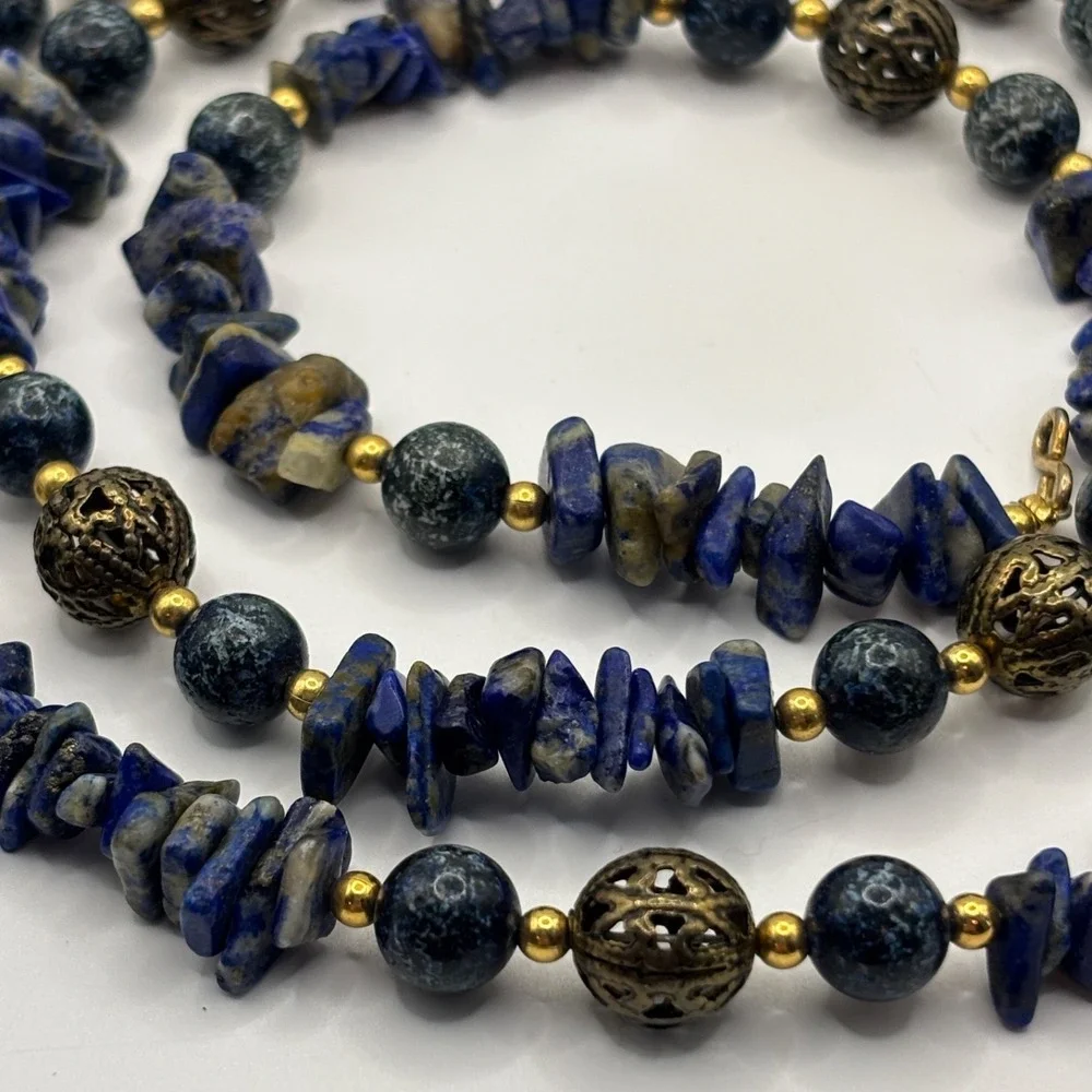 Vintage Lapis Lazuli Chips Filagree Beaded Necklace 31